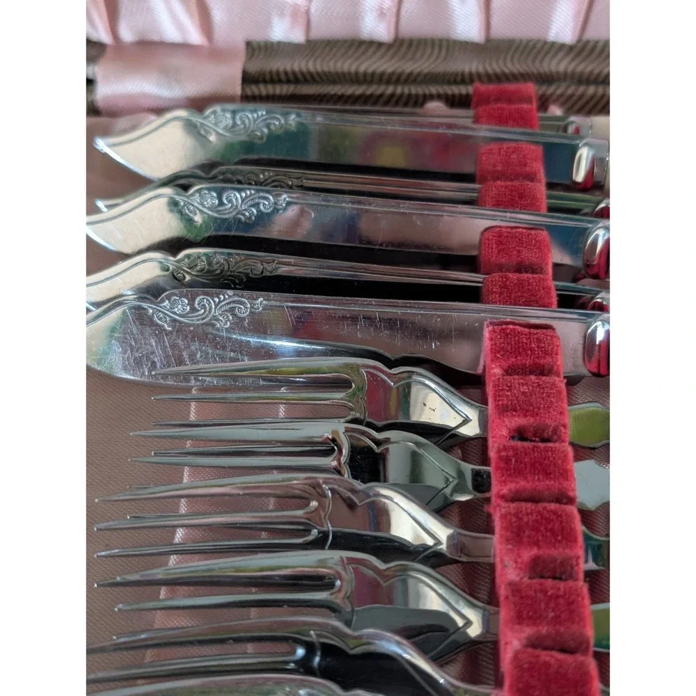 Art Deco Vintage Cased Fish Eat Cutlery Set Chrome Plate‎ Cream Handle 12pc (M)